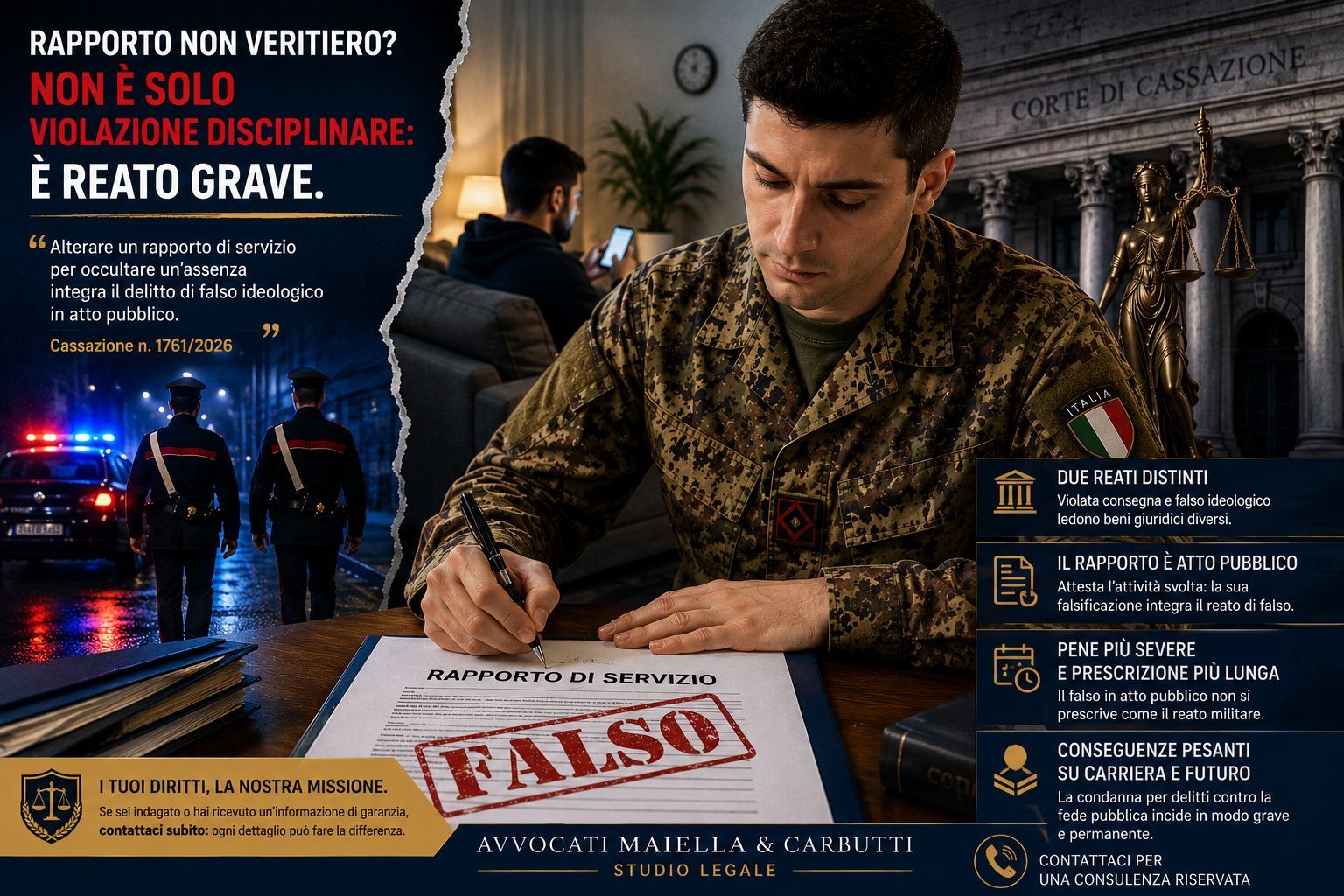 Falso nel rapporto di servizio militare: è falso in atto pubblico e non violata consegna